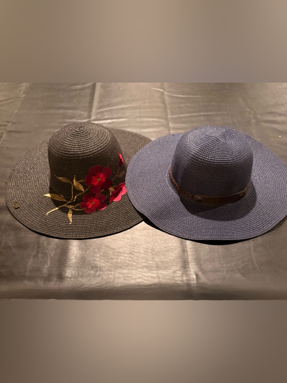 Women’s Wide Brim Sun Hat Set - Black with Red Floral & Navy (SOLD AS SET)